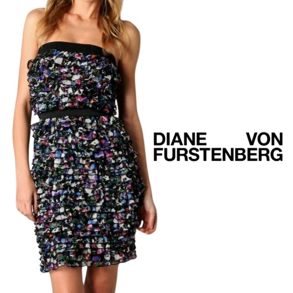 Diane Von Furstenberg Lauriston Dark Crystal Night Strapless Ruffle Dress -Large - Picture 1 of 15